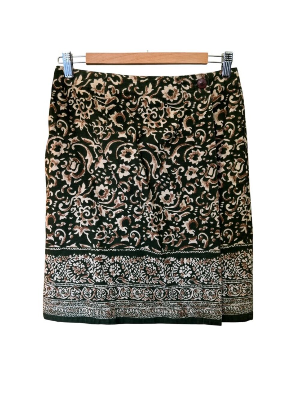 Sun River Wrap Skirt Size M Green Gold Cotton Batik Pattern Border Detail - Picture 3 of 16